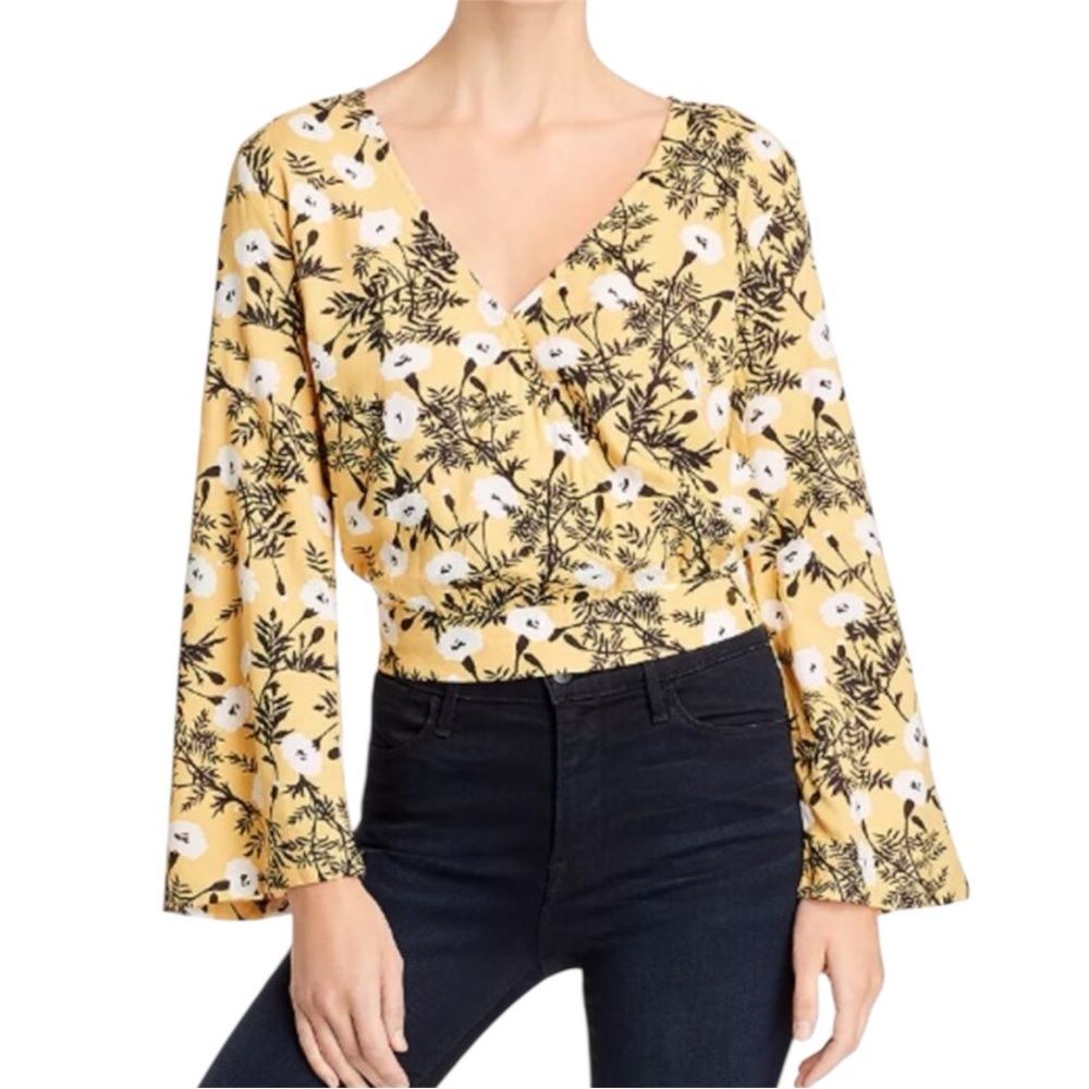 Roxy Floral Mustard Yellow Cropped Wrap Top